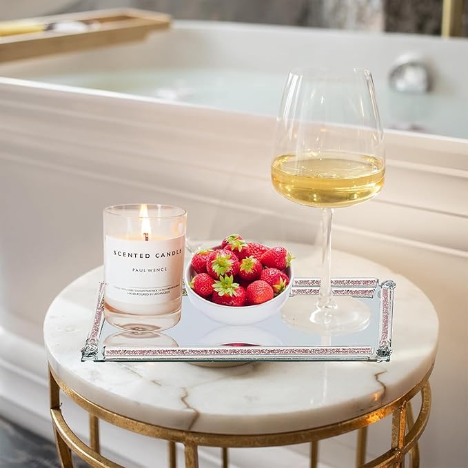 Crystal Glass Tray, Mirror Vanity Tray, Golden Decor Tray for Dresser, Jewelry Trinket Cosmetic Makeup Tray, Crushed Diamond Home Decor, Serving Tray for Bathroom Countertop Organizer (Rose Red)