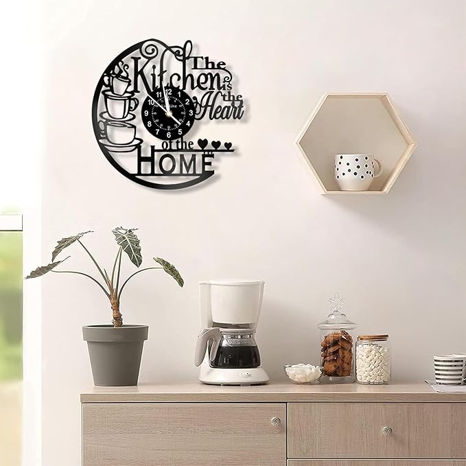 12 Inch Kitchen Vinyl Record Wall Clock, Kitchen Heat Home Theme Wall Clock, Coffee Bar Decor, Coffee Wall Decor for Office Living Room, for Women Wives, Black