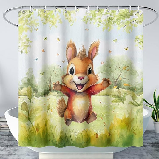 AILONEN Cartoon Cute Squirrel Shower Curtain,Kawaii Squirrel Bathroom Curtains for Kids,Girls,Tie Dye Tree Shower Curtains Set with Hooks for Bathroom,72" W*96" H