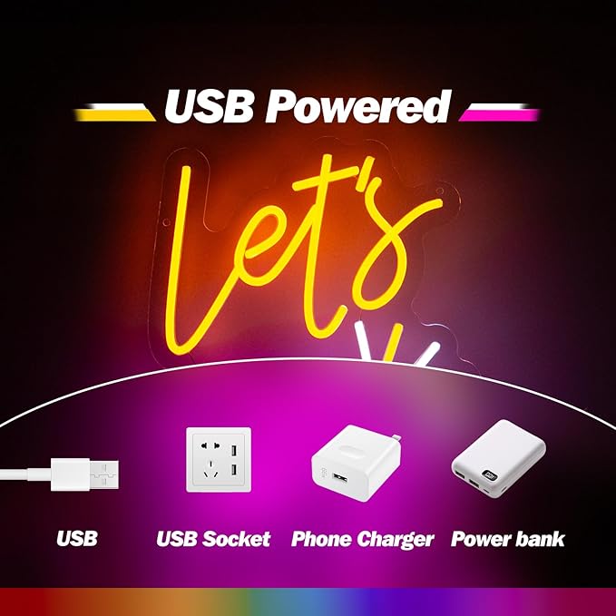 Goneons Let's Party Neon Sign for Wall Decor, USB Powered Lets Party Neon Light Sign with Dimmable Switch, LED Light for Birthday, Wedding, Bachelorette, Engagement Decor