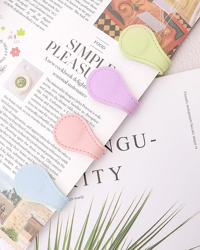 Leather Magnetic Bookmarks, 4Pcs Morandi Magnet Book Mark Clips Gift for Women, Kids, Reading Book Lovers, Teacher Gift for School Office Home Supplies (Blue+Green+Purple+Pink)