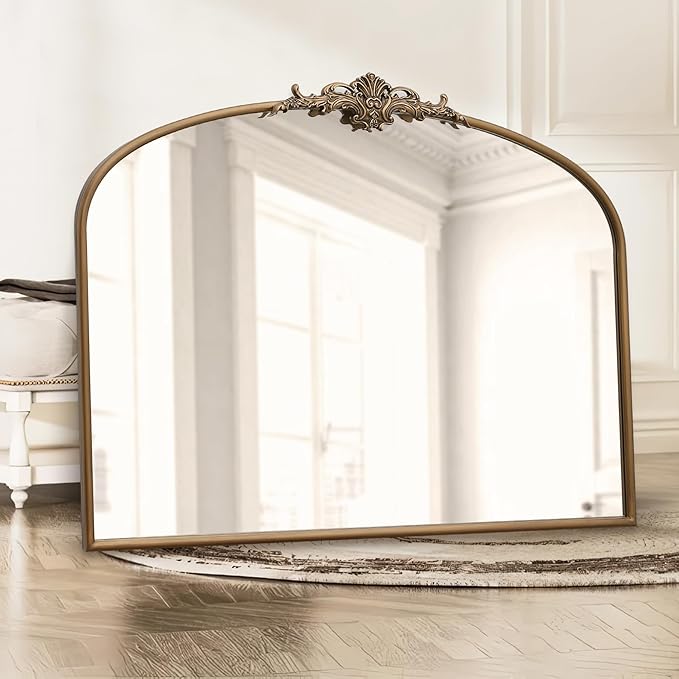 Vintage Baroque Arched Mirror: 40"x30" Gold Antique Wall Mounted Mirror - Traditional Ornate Metal Frame - Home Decor for Entryway/Fireplace/Living Room/Hallway/Bathroom