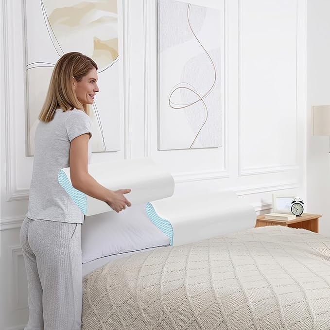 2 Pack Memory Foam Cooling Bed Pillows for Sleeping, Ergonomic Cervical Pillow for Neck and Shoulder Pain Relief, Adjustable Cold Pillow Set of 2,with Pillowcase(Blue)