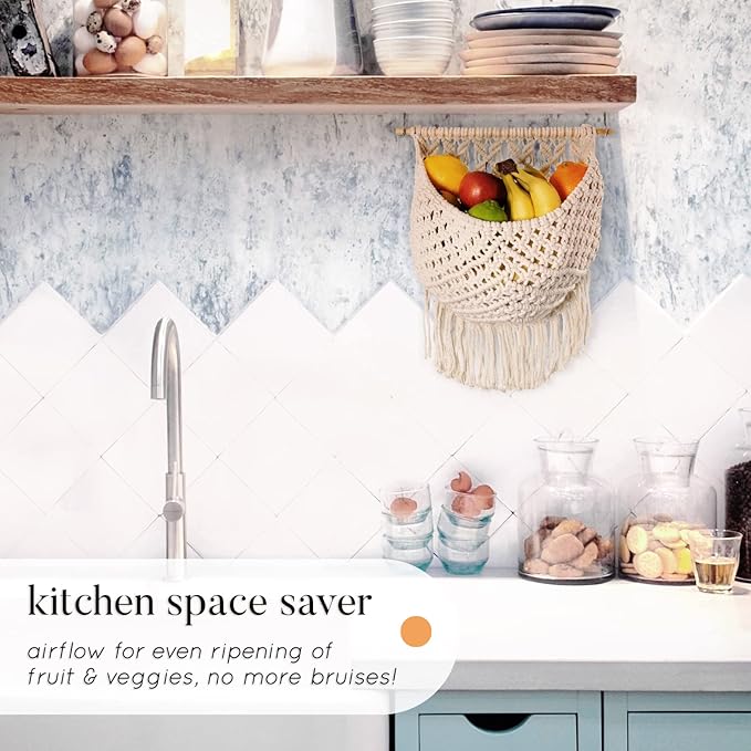 Macrame Fruit Basket, Vegetable and Fruit Hammock for Kitchen Under Cabinet - Hanging Wall Decor, Boho Baskets for Storage, Counter Space Saver - Cotton, Off White