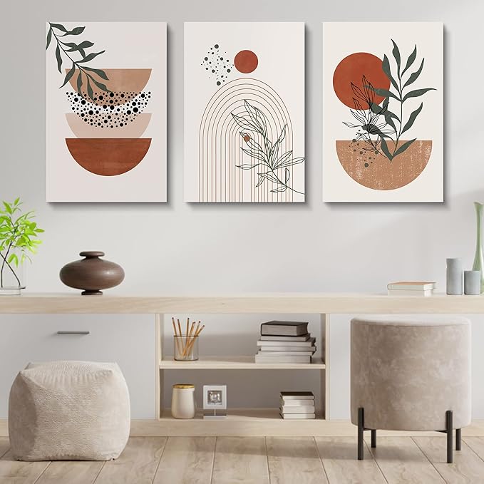 Boho Wall Art Prints,Boho Wall Decor, Mid Century Modern Wall Art,Set of 3 Prints, Abstract Geometric Prints Black Beige Terracotta Minimalist Art, Natural Framed Canvas Prints Artwork For Living Room