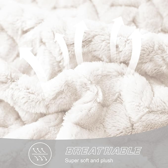 Exclusivo Mezcla Off White Fleece Queen Size Blanket for Bed, 90x90 Inches Soft Cozy Jacquard Flannel Blankets, Lightweight Fuzzy Plush Warm for All Seasons