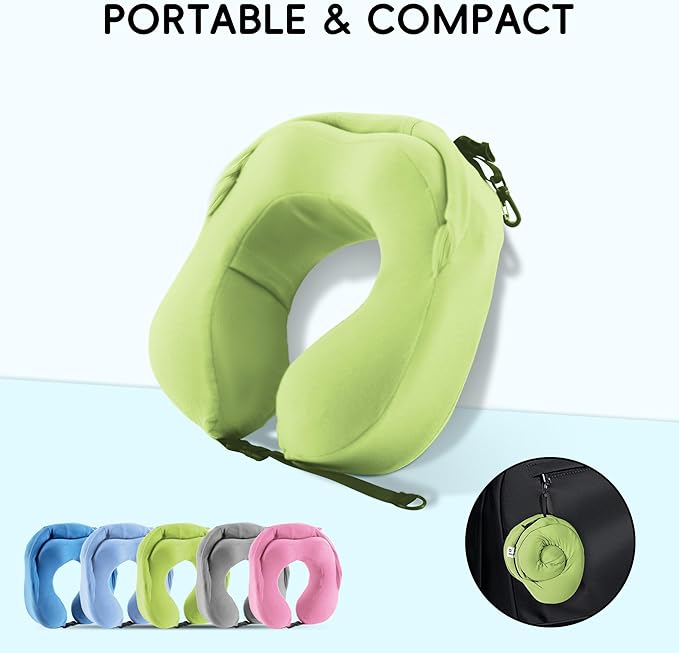 Travel Pillow with Hood for Airplane, 100% Pure Memory Foam Hooded Neck Pillow for Traveling, Car, Office, Soft, Machine Washable, Easy Storage, Green