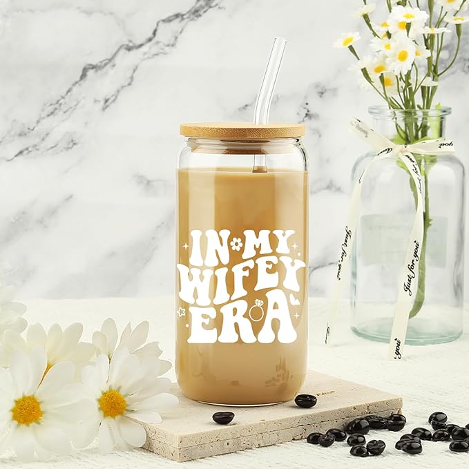 New Wifey Gifts, Bride Wedding Gift, Bridal Shower Gifts, Newlywed Present for Bride, Bride to Be Gift Idea, In My Wifey Era Ice Coffee Cup, Newly Married, Wife Present, 16 OZ Glass Cup w/ Lid & Straw