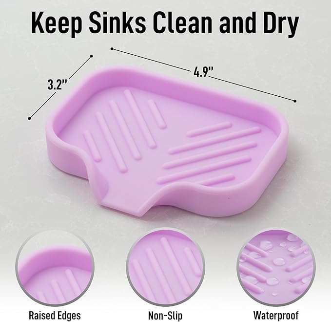 Zulay Small Silicone Sponge Holder (4.9x3.3”) – Space-Saving Sink Organizer Tray for Sponge, Soap, Brush & More – Compact Non-Slip Dish for Kitchen & Bathroom (Lavender)