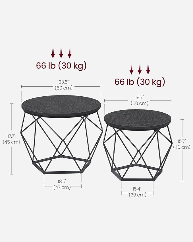 VASAGLE Small Coffee Table Set of 2, Round Coffee Table with Steel Frame, Side End Table for Living Room, Bedroom, Office, Charcoal Gray and Ink Black