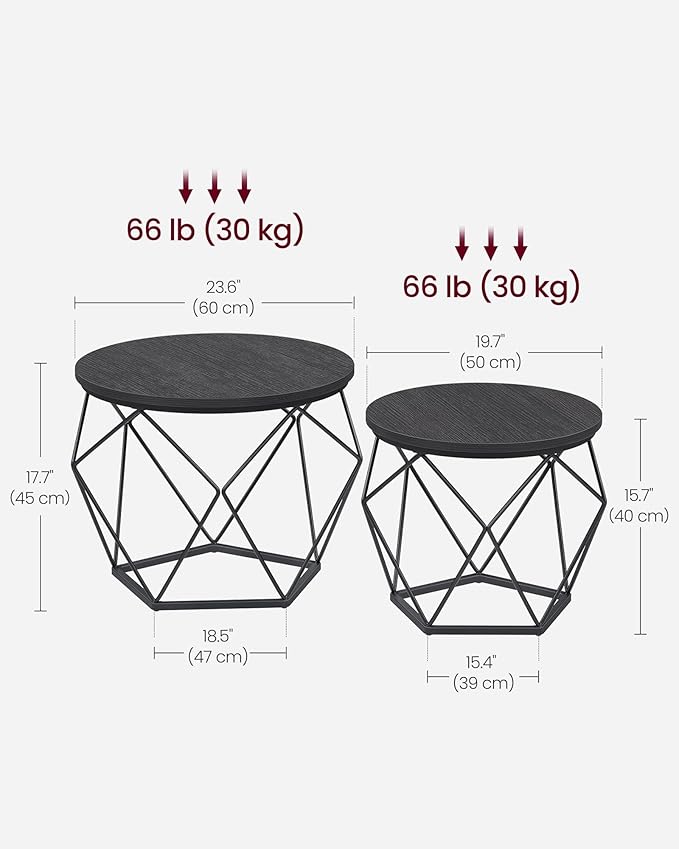 VASAGLE Small Coffee Table Set of 2, Round Coffee Table with Steel Frame, Side End Table for Living Room, Bedroom, Office, Charcoal Gray and Ink Black