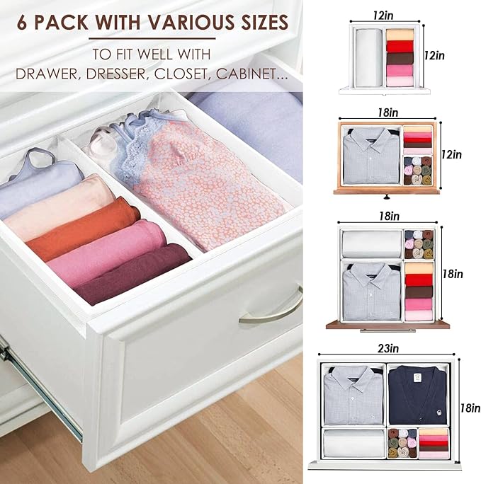 Criusia 6 Pack Clothes Drawer Organizer, Fabric Foldable Closet Dresser Drawer Organizer for Clothing, Bra Sock Underwear Drawer Organizer for Nursery Dorm Bedroom Organization (6 Bins, White)