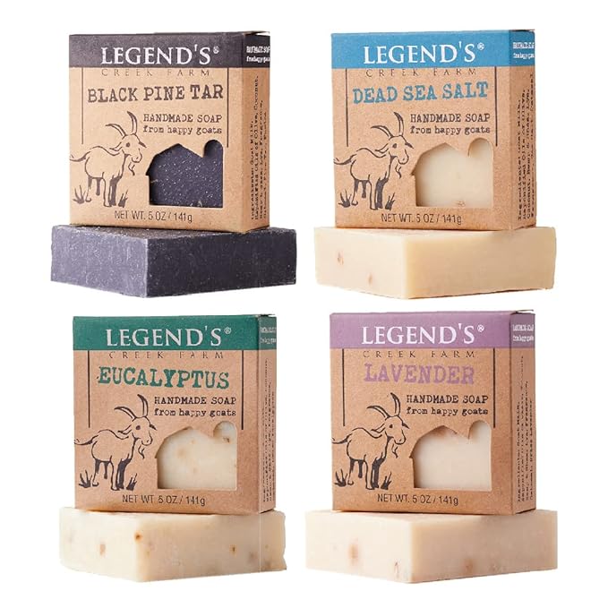 Legend's Creek Farm Goat Milk Soap - Cleansing Moisturizing Soap Bar for Hands and Body - 5 Oz Natural Soap for Sensitive Skin, Handmade in USA (4-Pack: Dead Sea, Eucalyptus, Lavender, Pine Tar)