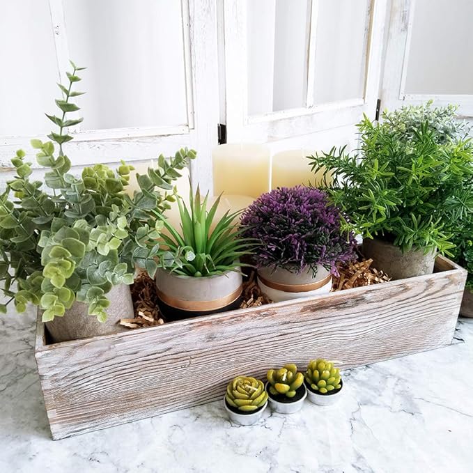 1 Pcs Wood Planter Rectangle Whitewashed Rectangular Decorative Wooden Box with Inner Plastic Box - 17.3" L x 3.9" W x 3.9" H Floral Natural Centerpieces Rustic Wedding Decor