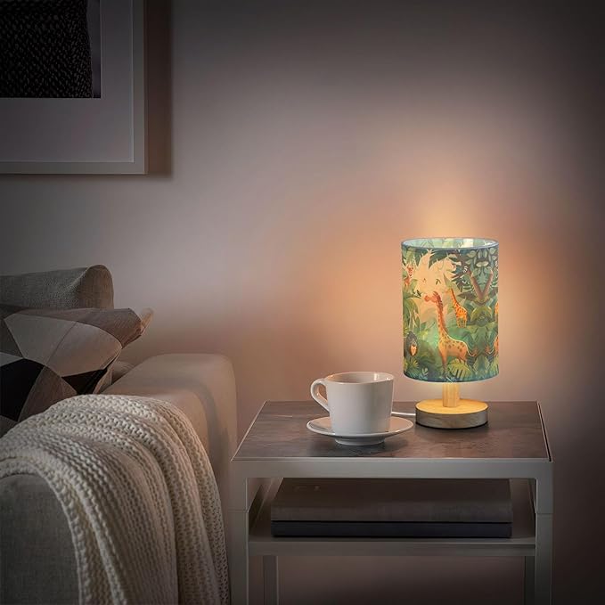 Table Lamp Forest Animal Giraffe Lion Tiger Bird Parrot Tropical Leaves Nightstand Lamp with Wood Base Fabric Lamp Shade Bedside Desk Lamp for Living Room Bedroom Kids Room Office