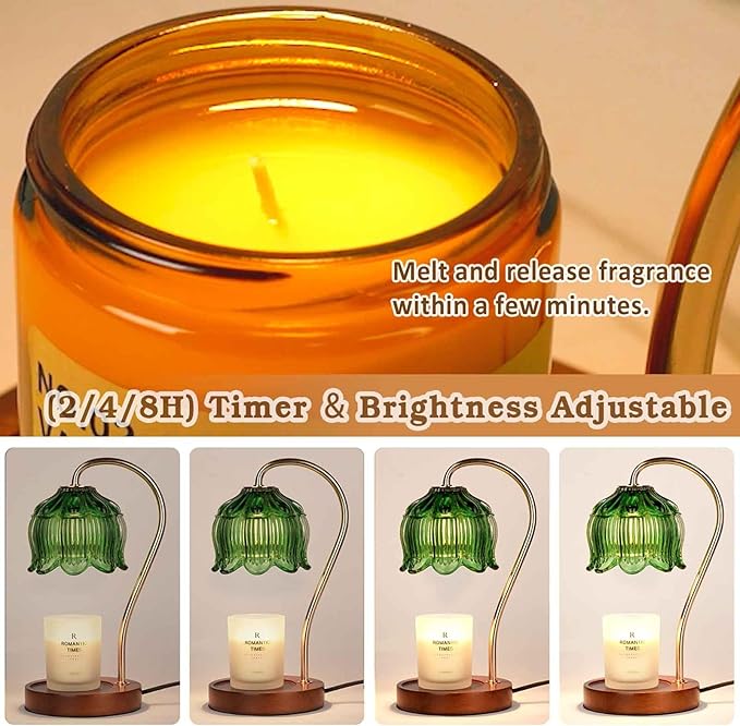 Green Candle Warmer Lamp with Timer, Dimmable Flower Candle Lamp Warmer, Birthday Gifts for Women, Mom, Female Friend, Glass Vintage Candle Lamp, Aromatic Candle Warmer Light for Vintage Room Decor