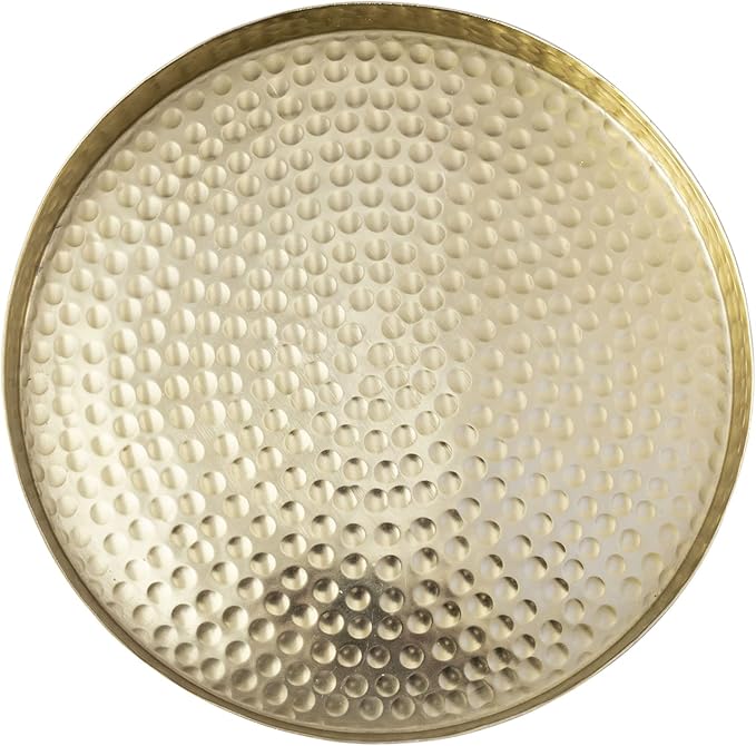 MyGift 11 Inch Deluxe Hammered Brass Round Decorative Tray - Aluminum Plated Serving Display Platter, Centerpieces and Vanity Tray - Handcrafted in India