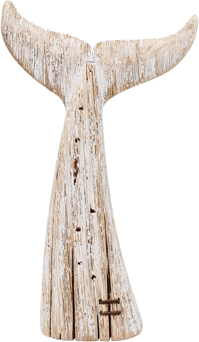 E-view Wood Whale Statue Wooden Nautical Decor for Home - Antique Fish Figures Decoration Animal Statues Beach Themed Wall Art (Whale Tail Figurine)