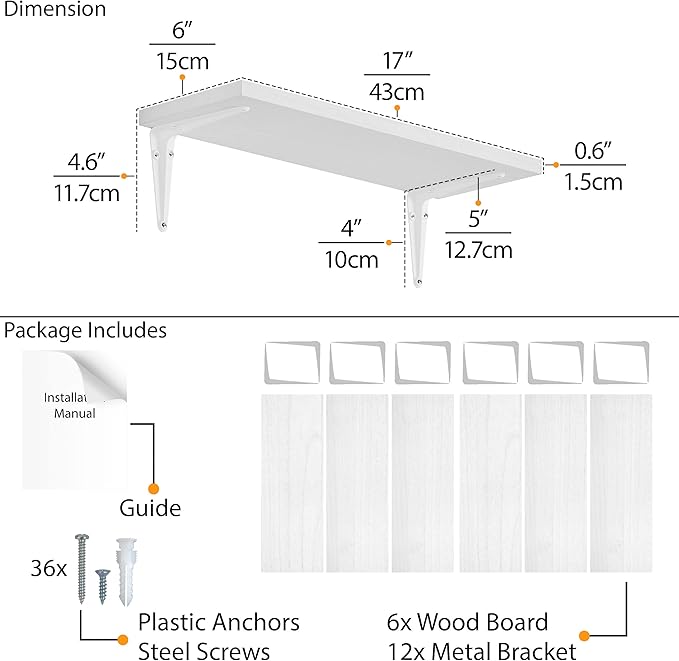 Wallniture Arras 17" x 6" Floating Shelves for Storage, Wall Bookshelf Living Room Decor, Wall Shelves for Kitchen, Bathroom Floating Shelf, Dining Room, Storage Shelf, Set of 6, White, Wood