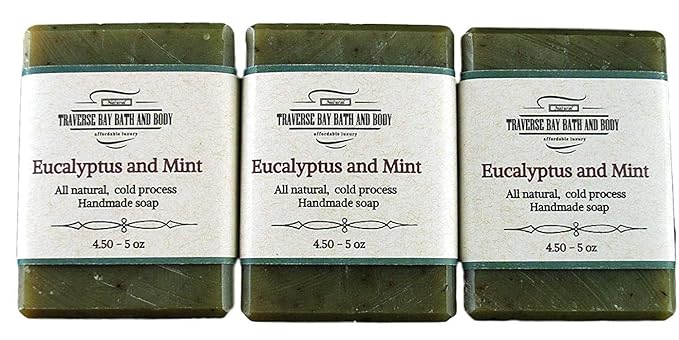 Traverse Bay Bath and Body- All natural handmade cold process bar soap, Eucalyptus and Peppermint, made in the USA, essential oils. 3 bar pack 15 + oz. For men and women, face and body.