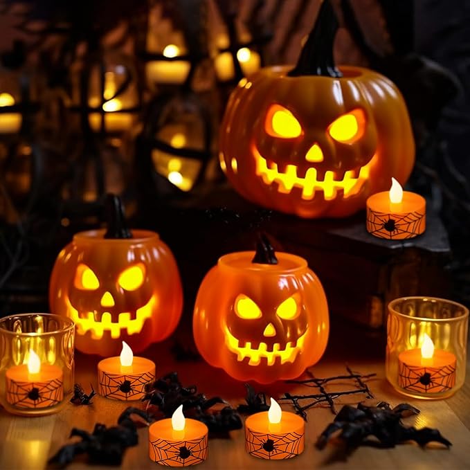 DRomance Halloween Flameless Votive Candles Battery Operated with 6H Timer, 12 Pack Spider Cobweb Decal LED Flickering Pumpkin Tea Lights Candles Fall Indoor Decoration(1.5" D x 1.4" H)