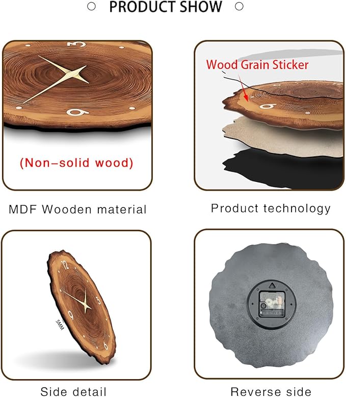 XNM Wood Wall Clock for Living Room Decor Rustic Wall Clocks Battery Operated 12 Inch Brown Annual Ring Wall Clock Non Ticking (MDF No Solid Wood)