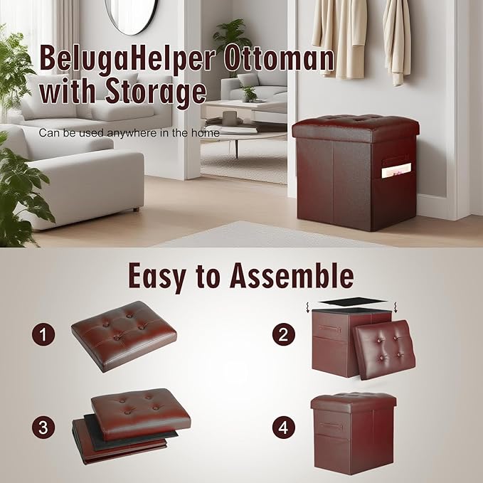 Ottoman with Storage, Folding Foot Rest Stool with Thicker Foam Padded Seat. Slim Tall Storage Ottoman Furniture with Handles & Side Pocket for Living Room Bedroom 350 lbs, 17x13x17in, Light Brown