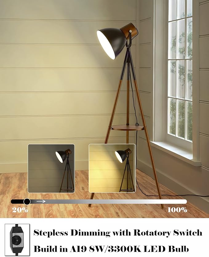 ELYONA Dimmable Tripod Floor Lamp with Table, Wood Standing Lamp with Adjustable Metal Shade, Modern End Table with Reading Light for Livingroom, Bedroom, Office, LED Bulb Included, Black & Brown