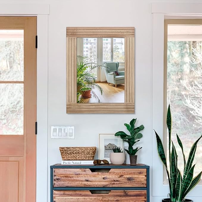 Rectangle Mirror Retro Wooden Wall-Mounted Mirrors Farmhouse Bedroom Bathroom Vanity Entrance Decorative Antique Hanging Mirror Large 20"x16"