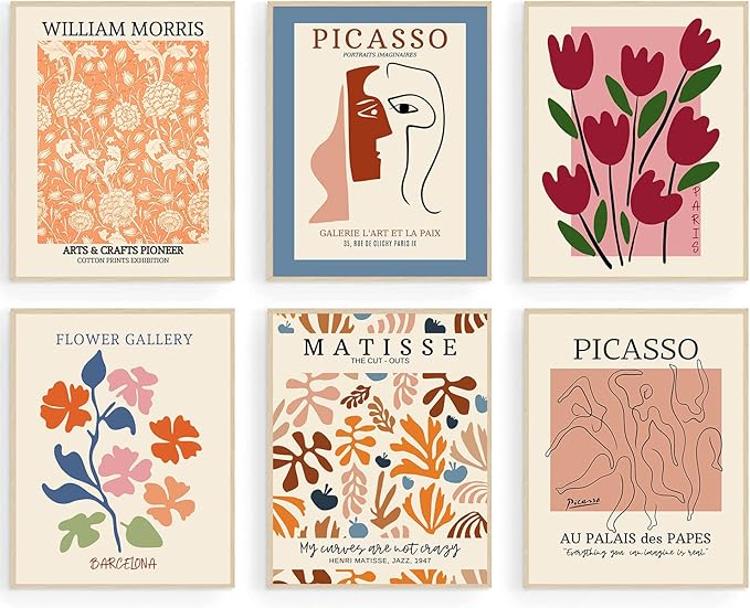 Flower Market Posters Set of 6, Abstract Flower Market Wall Art Prints Exhibition Poster Set, Vintage Matisse Print Picasso Print William Morris Painting Pictures, Boho Room Decor(8x10inch, Unframed)