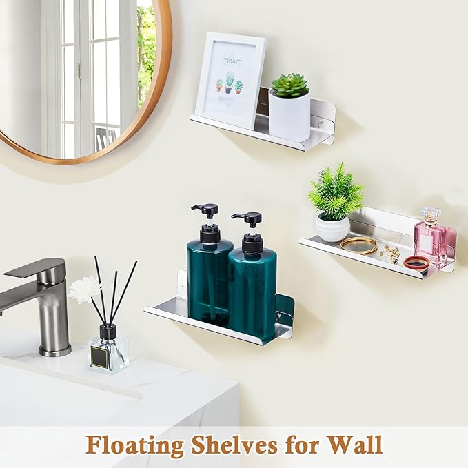 Bathroom Shelf, Wall Mounted Shower Caddy, Adhesive Floating Shelves, Stainless Steel Wall Shelf, No Drilling Floating Shelf Silver Shower Storage Organizer for Bathroom/Bedroom/Kitchen Decor