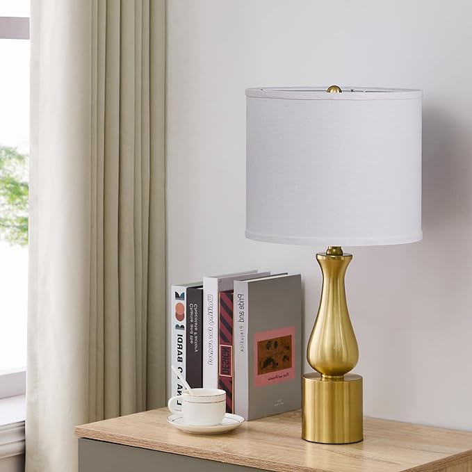 23" Modern Gold Lamps Set of 2 for Bedroom, Minimalist Gold Table Lamps for Living Room Set of 2, Small Gold Table Lamps for Nightstand Set of 2, with White Linen Drum Lampshade for Home Office
