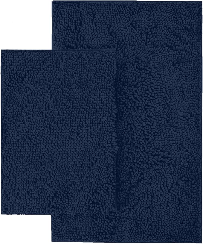LuxUrux 2 Piece Bathroom Rug Set - Premium Plush Bath Mat Shower Rugs, 1" Chenille Microfiber, Non-Slip & Absorbent, Soft & Cozy, Durable Stylish (20x30 & 16x24 inches, Navy)