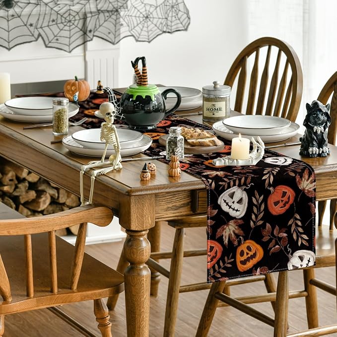 Artoid Mode Jack-O'-Lantern Pumpkin Leaves Black Halloween Table Runner, Holiday Kitchen Dining Table Decoration for Home Party Decor 13 x 60 Inch