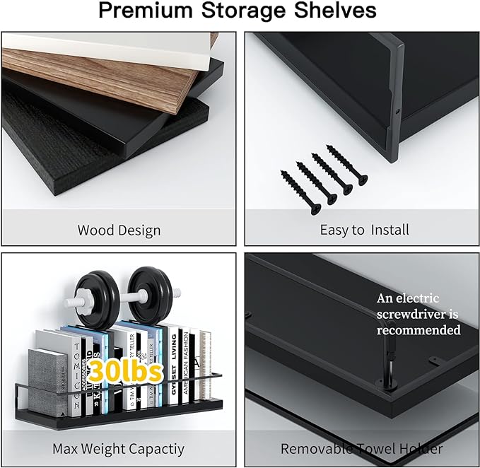 SHARIO Black Wood Floating Shelves - Set of 2, Wall Mounted Hanging Shelves with Black Towel Rack, Decorative Storage Shelves for Bathroom, Kitchen, Living Room & Bedroom