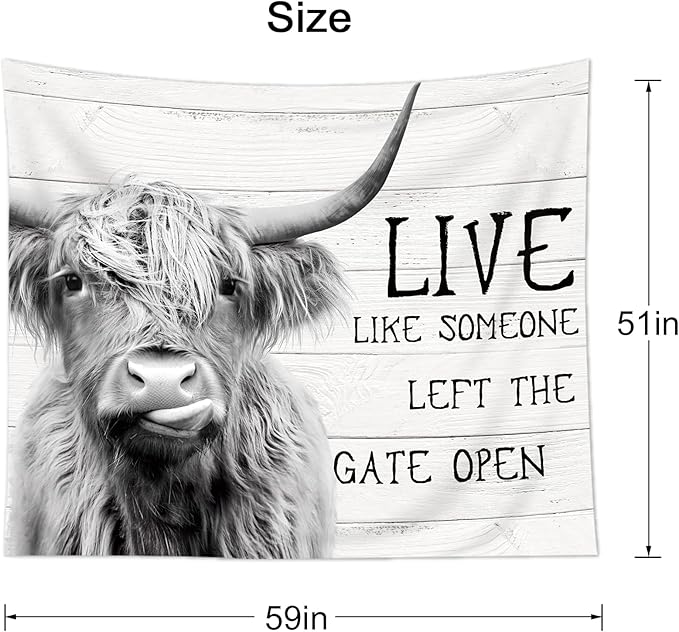 AMBZEK Funny Highland Cow Tapestry 51Hx59W Inch Rustic Farmhouse Western Inspirational Quotes Wood Bull Cattle Barn Farm Animal Wildlife Country Art Wall Hanging Bedroom Living Room Dorm Decor Fabric