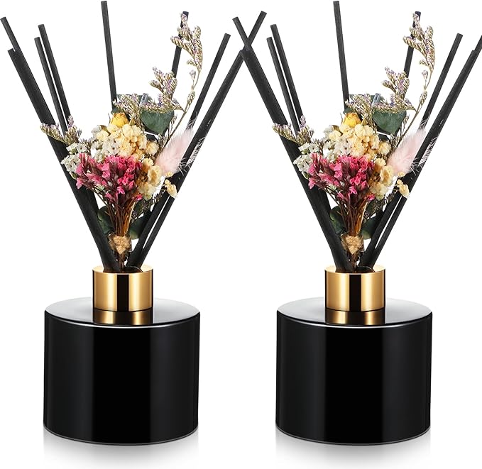 Rtteri 2 Reed Diffuser Sets Flower Oil Diffuser Sticks with Refill Empty 5oz Bottles Scent Glass for Fragrance Home Bathroom Gifts, Oil Not Included(Black Color)