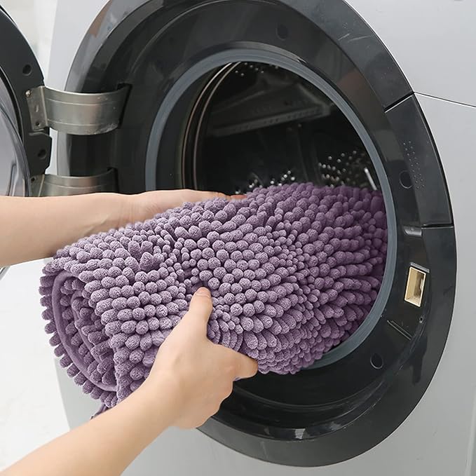 ACCUMTEK Striped Lavender Bathroom Rug Set 3 Pieces Ultra Soft, Non Slip Chenille Toilet Mat, Absorbent Plush Shaggy Bath Mats for Bathroom, Bedroom, Kitchen, Mauve