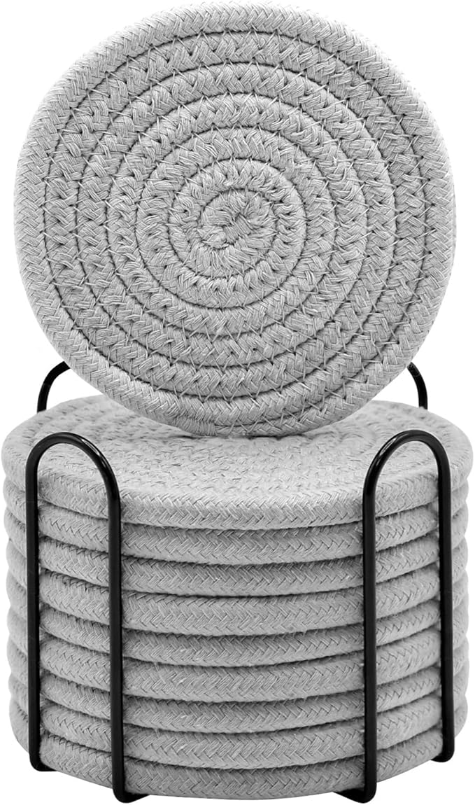 ABenkle Drink Coasters with Holder Set of 10, Cotton Woven Absorbent Coasters for Drinks, Minimalist Home Decor Coaster Set for Wooden Tabletop Protection Table, 4.3 inches