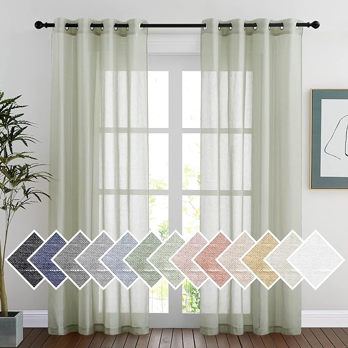 NICETOWN Linen Sheer sage green Curtains 84 inch Length for Bedroom, Grommet Semi Sheer Linen Blend Vertical Window Drapes Privacy with Light Filtering for Living Room, Sage Green, W52 x L84, Set of 2