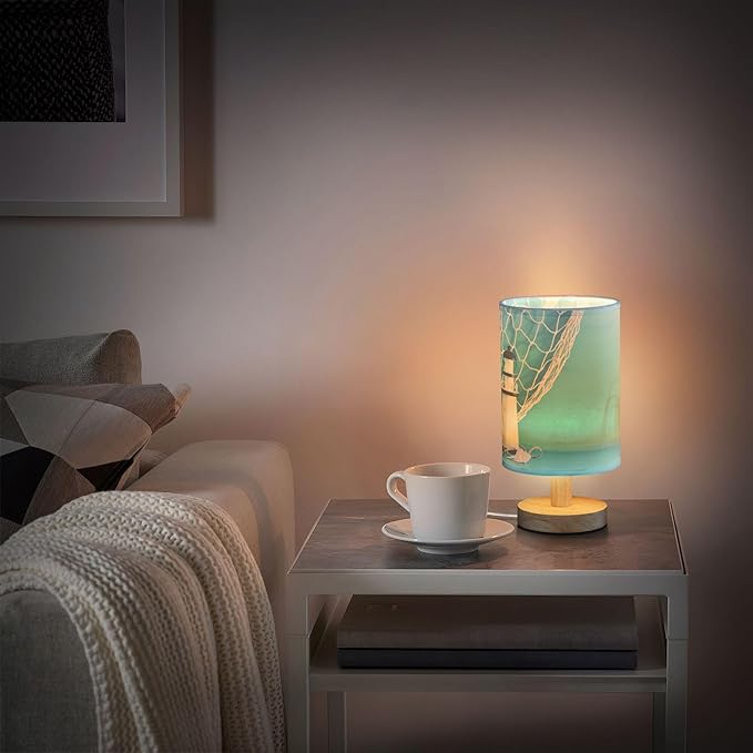 Table Lamp Nautical Sailboat Lighthouse Seashell Fishnet Blue Wood Nightstand Lamp with Wood Base Fabric Lamp Shade Bedside Desk Lamp for Living Room Bedroom Kids Room Office