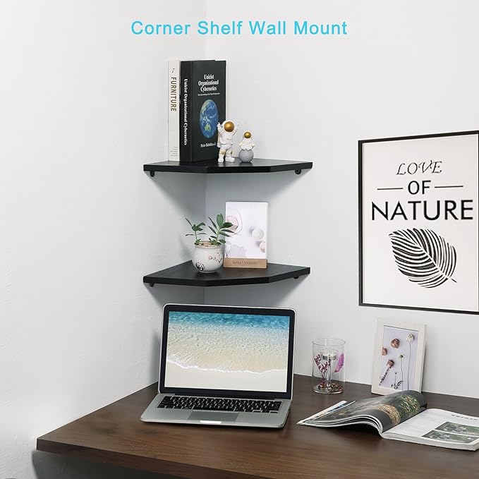 Corner Wall Shelves Set of 2, Rustic Wood Corner Floating Shelves with Cable Raceway, Wall Mount Storage Display for TV Accessories, Baby Monitor, Speaker, Cable Box (Black, Diamond- 10 Inch)