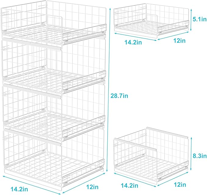 4-Tier Stackable Closet Organizers and Storage Shelves, Sliding Storage Basket Clothes Bins Drawer Shelf Container for Wardrobe Kitchen Bathroom Office, White