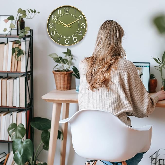 HZDHCLH Modern Wall Clocks Battery Operated,10 inch Olive Green Clock for Wall,Silent Small Wall Clock for Living Room Bedroom Kitchen Office Nursery Decor