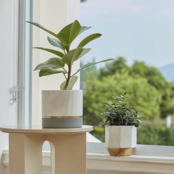 LA JOLIE MUSE White Ceramic Flower Pot Garden Planters 6.7 + 5.4 Inch Indoor, Plant Containers in a Marble Ink Pattern with Gold and Grey Detailing