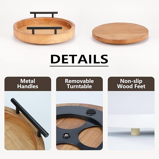 Set of 2 Wood Decorative Trays with Handles 12 Inch Round Decorative Tray for Room Decor, 2 in 1 Counter Decor Trays for Coffee Table,Round Tray for Storage and Display