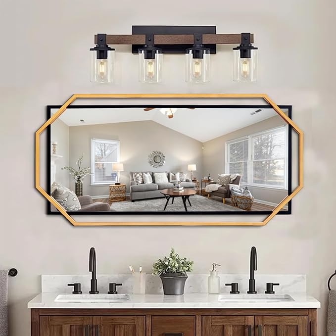Black Large Decorative Vanity Wall Mirror with Gold Metal Frame, Modern Accent Horizontal Mirror for Living Room, Bedroom, Entryway (55"x28")