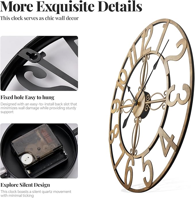 30 Inch Wall Clock, Large Decorative Wall Clock for Living Room, Silent Non-Ticking Battery Operated Metal Round Retro Rustic Arabic Numerals Analog Bronze Clock for Kitchen Mantel Office