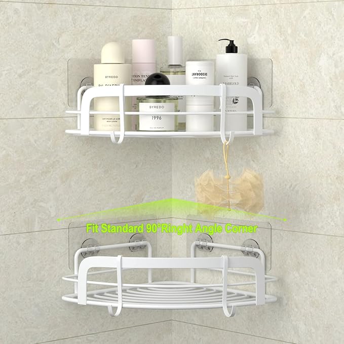 STEUGO 2-Pack Corner Shower with 4 Hooks Adhesive, Bathroom Shower Rack Rust Resistant SUS304 Stainless Steel for Dorm Bathroom Kitchen Storage (White)