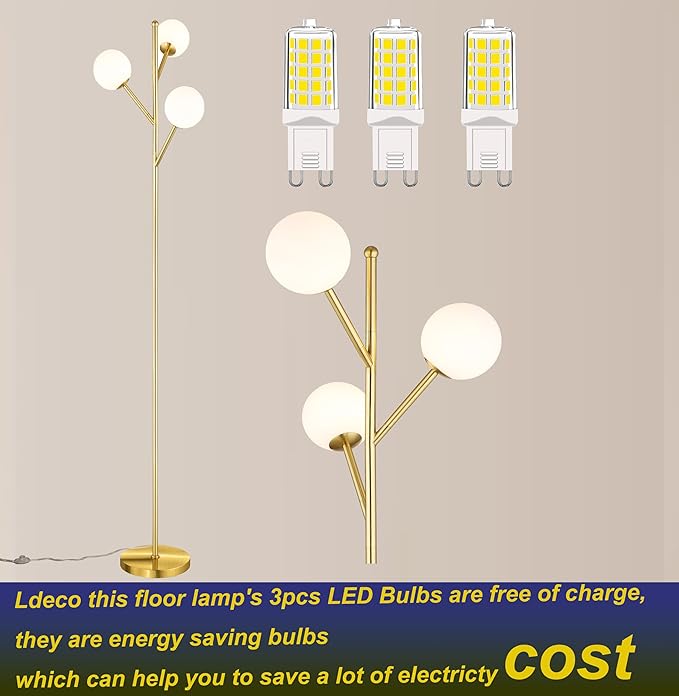 3-Globe Mid Century Tree Floor Lamp and Bulbs Included,70in Tall Standing Glod Floor Lamp with Frosted Glass Shade for Living Room Office Bedroom, Study Room, Hotel, Antique Brass Lighting